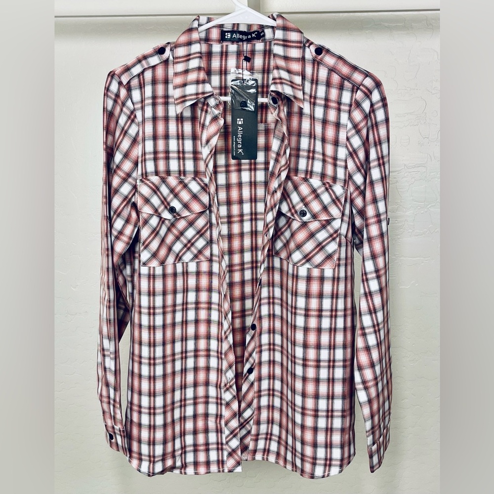 Women's Roll Up Long Sleeve Plaid Button Down Casual Shirt in Light Red & White
